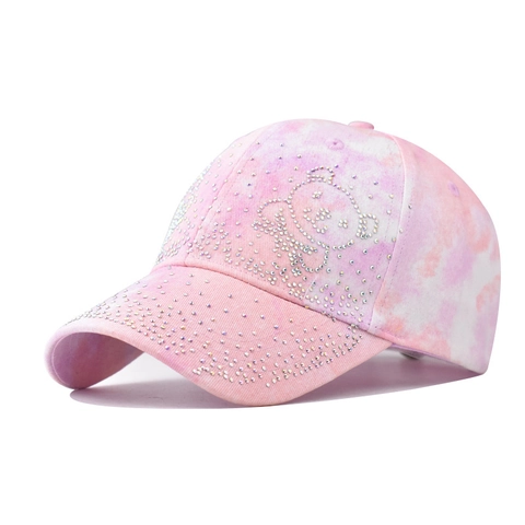 Tie Dye Cotton Baseball Cap With Rhinestone Cartoon Bear Pattern Adjustable Outdoor Sun Hat Fashion Casual