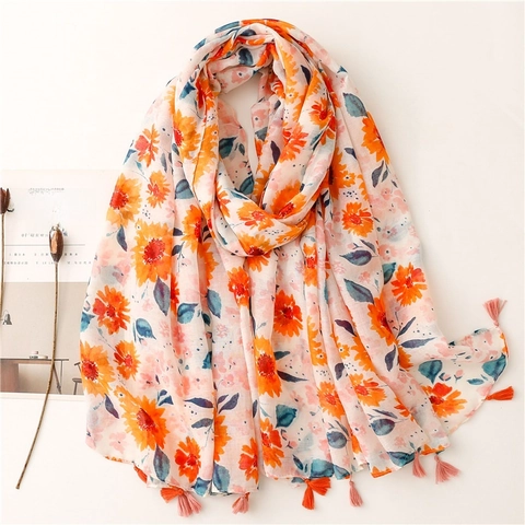 Sunflower Floral Print Long Scarf For Women With Tassels Lightweight Polyester Shawl Summer Sun Protection Beach Wrap