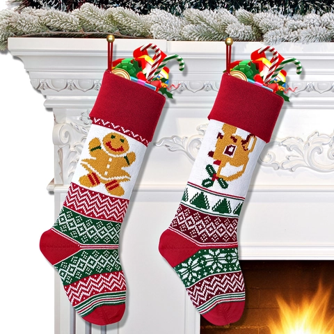 Chaussettes De Noël Tricotées Rouge Vert Renne Père Noël Motifs Flocons De Neige Sacs Cadeaux Suspendus Décoration
