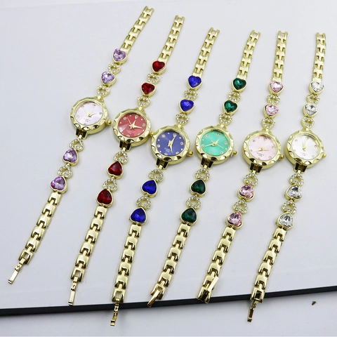 Women Quartz Watch Bracelet Heart Shaped Gemstone Alloy Case Stainless Steel Strap Rhinestone Elegant Fashion