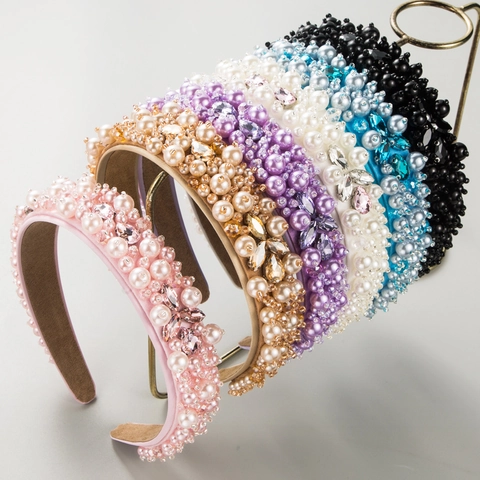 Cerchietto Largo Barocco Tessuto Künstliche Perle Artificiali Strass Vetro Künstliche Perle Fatto Mano Fascia Capelli Retro Elegante Donna