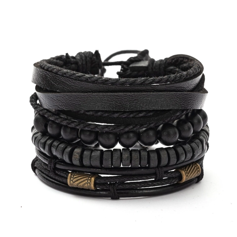 Bracciale Multistrato Vintage Pelle Perline Di Legno Corda Intrecciata Lega Bracciale Regolabile Gioielli Uomo Donna