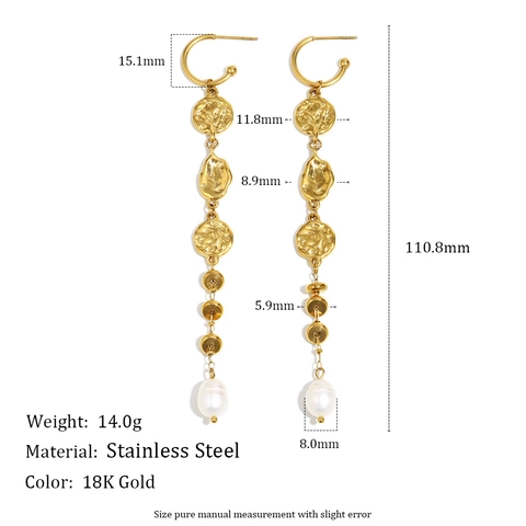 Long Tassel Stud Earrings With Hammered Texture Stainless Steel And Artificial Baroque Pearls 18K Gold Plated Vintage Jewelry