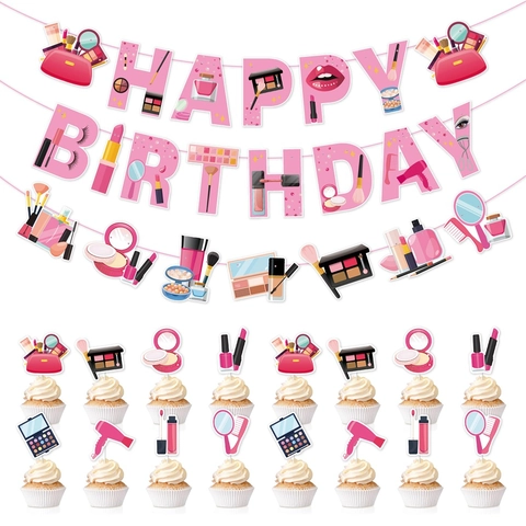 Decorazione Per Festa Di Compleanno Tema Trucco Banner In Cartone Cake Toppers Spirali Appese Rosa Stile Cartone Animato Per Ragazze