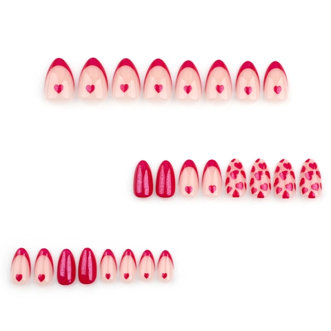Red Heart Press On Nails French Style Valentine's Day Short Almond Shape Artificial Fake Nails Glossy For Women