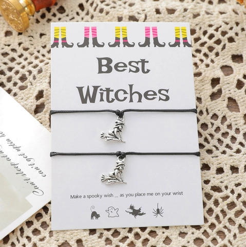 Braccialetto Strega Halloween Ciondolo Lega Cordino Cera Regolabile Carta Regalo Best Witches