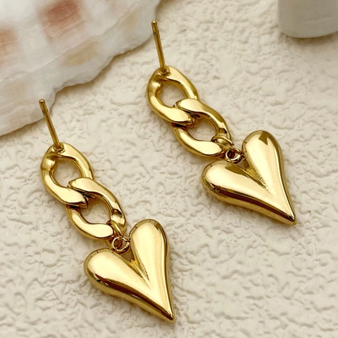 Pendientes De Gota Corazón De Acero Inoxidable Para Mujeres Chapado En Oro Eslabón De Cadena Minimalista Pulido Elegante