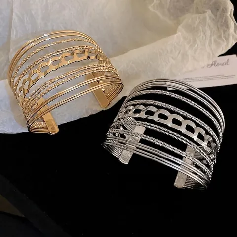 Mehrlagiges Hohles Geometrisches Offenes Manschettenarmband Metall Kupferlegierung Breites Kettenglied Textur Moderner Schmuck Für Damen