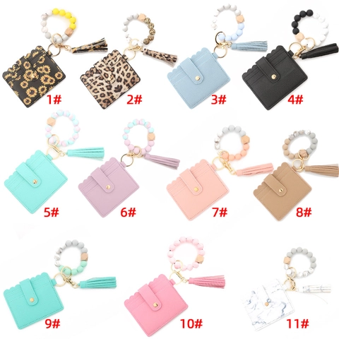 Silicone Bead Keychain Card Holder For Women PU Leather Wallet With Tassel Wristlet Strap Bracelet Key Ring Case
