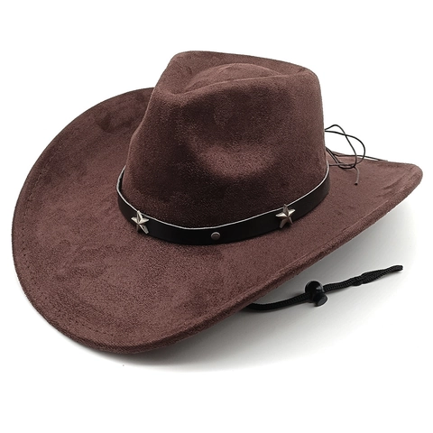 Western Cowboy Hat Faux Suede Wide Brim Flat Top Star Rivet Leather Band Adjustable Windproof String Retro Knight Unisex