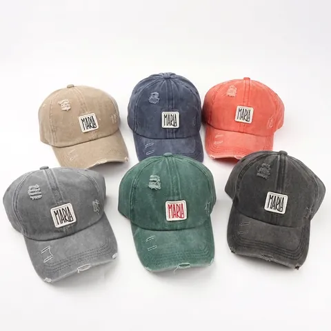 Distressed Gewaschene Baumwolle Baseballkappe Mit Maria Stickerei Patch Verstellbare Sonnenhut Retro Street Style