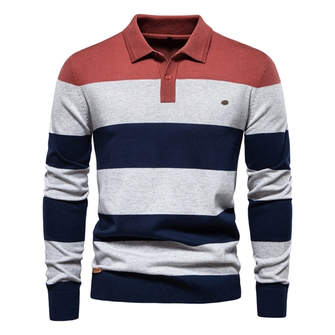 Heren Polo Trui Lange Mouwen Katoenmix Gebreide Gestreept Patchwork Slim Fit Casual Herfst Pullover Voor Heren