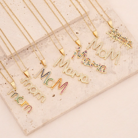Collana Con Ciondolo Lettera Mom Mama Rame Placcato Oro 18K Zirconia Cubica Colorata Gioielli Regalo Festa Della Mamma