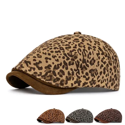 Women Leopard Print Newsboy Cap Vintage Beret Hat Adjustable Cotton Polyester Spliced Suede Brim Streetwear Fashion