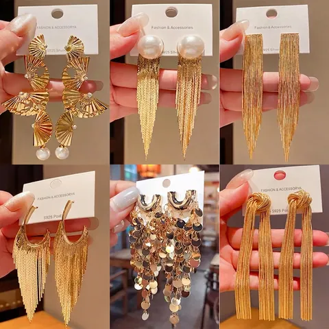 Long Tassel Drop Earrings With Faux Artificial Pearl Rhinestone Geometric Flower Design And 925 Sterling Silver Earring Post For Women