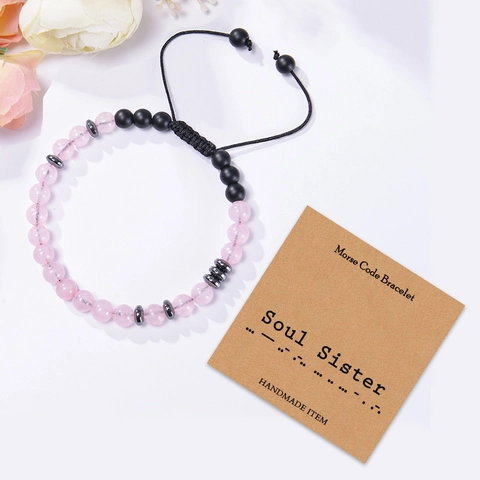 Morse Code Bracelet Natural Stone Pink Crystal Matte Black Beads Adjustable Handmade Soul Sister Friendship Gift Women