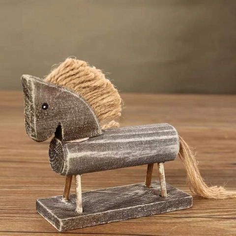 Figura De Caballo De Madera Estatua De Animal Retro Desgastada Con Crin Cola De Yute Decoración Hogar Rústica Ornamento