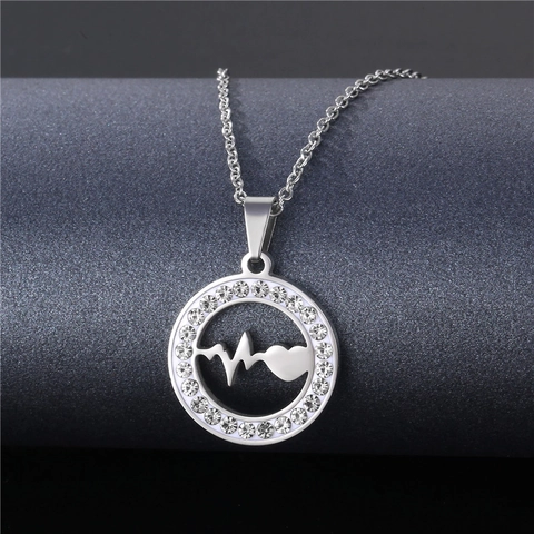 Stainless Steel Round Hollow Pendant Necklace Geometric Rhinestone Pave Fashion Clavicle Chain Jewelry For Women