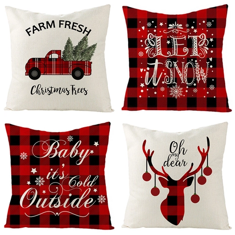 Taies D'oreiller De Noël Lin Ferme Carreaux Housses De Coussin Décoration Maison Fête Hiver Renne Flocon De Neige Sofa Housse