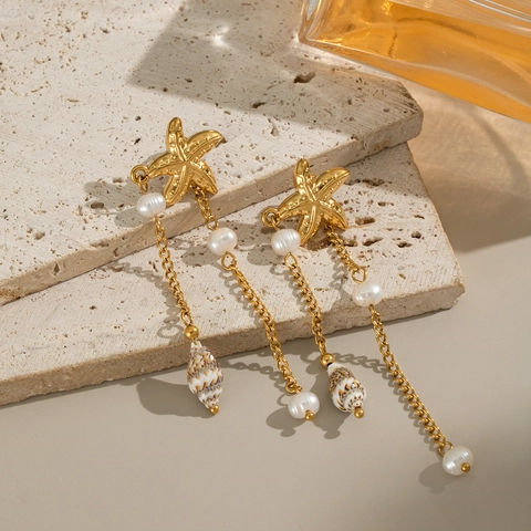 Boucles d'Oreilles Pendantes Étoile de Mer Coquillage Perle d'Eau Douce Gland Acier Inoxydable 304 Style Océan Plage