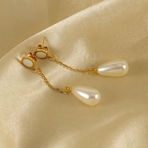 Französischer Stil Hängeohrringe 18K Vergoldeter Edelstahl Mit Tropfenförmiger Kunstperle Und Muscheleinleger Schmuck Für Damen