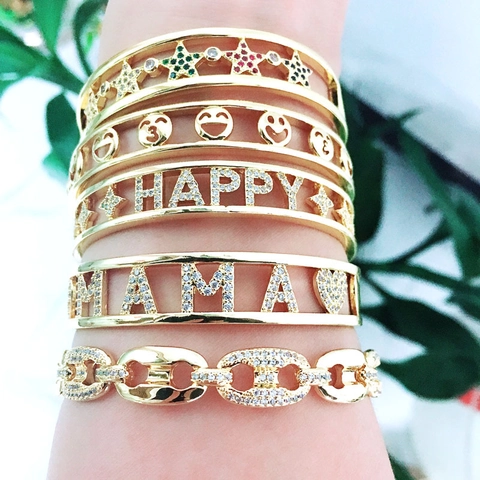 Fashion Copper Gold Open Bangle Bracelet With Rhinestone Mama Happy Letter Smile Face Star Pattern Jewelry For Women