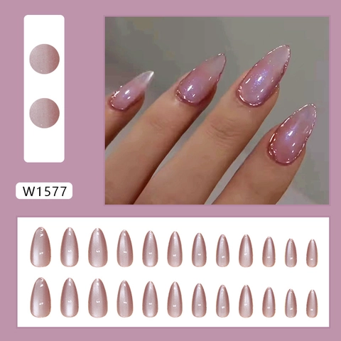 Unghie Finte Press-On Forma Mandorla Effetto Occhio Di Gatto Bordo Dorato Lucido Rosa Viola Metallico Rimovibili