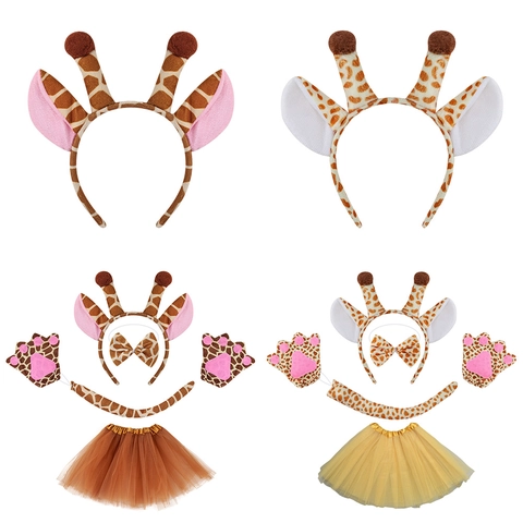 Accessori Costume Giraffa Cerchietto Peluche Orecchie Corna Papillon Coda Gonna Tutù Guanti Recita Bambini Festa Gioco Ruolo