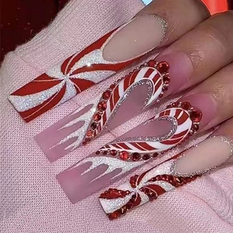 Weihnachten Press On Nails Lange Sargform Harz Strass Glitzer Herz Zuckerstange Schleife Feiertag Party Accessoire Damen