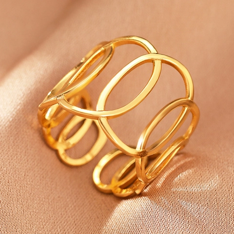 Bohemian Stainless Steel Open Rings For Women Adjustable Geometric Hollow Out Fashion Jewelry Aesthetic Gift