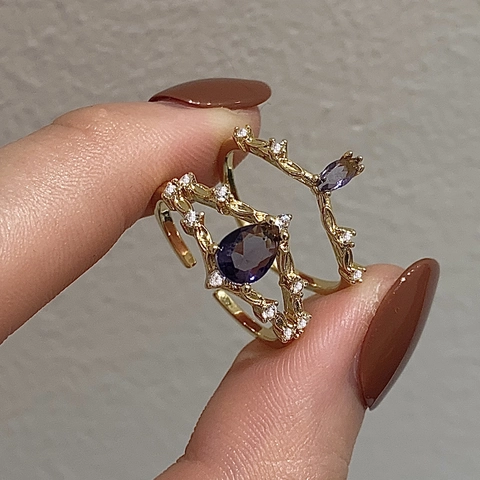 Französischer Vintage Kupferring Mit Lila Zirkonia Für Damen Birne Marquise Schliff Blatt Rebe Design Verstellbar