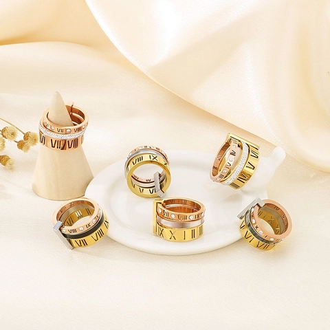 Multi-Layer-Band-Ring Edelstahl Muschel-Inlay Römische Ziffern Zirkon Akzente Trendiger Modeschmuck Für Damen