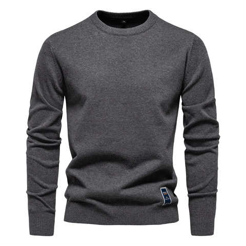 Herren Langarm Rundhals Pullover Baumwolle Elastan Mischung Rippstrick Einfarbig Slim Fit Freizeit Strickpullover Mode
