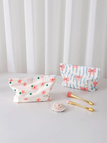 Borsa Da Trucco In Tela Di Cotone Con Punti Svizzeri Stampa Floreale Fiocco Righe Pochette Cosmetica Portatile Organizzatore Da Viaggio