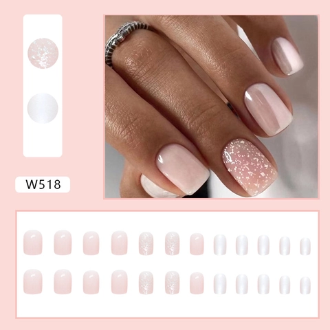 Uñas Postizas Press On Rosa Nude Purpurina Perla Artificial Brillante Corto Cuadrado Uñas Artificiales Para Mujeres Dulce Elegante