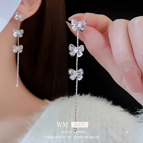 Butterfly Bow Tassel Drop Earrings Elegant Copper Cubic Zirconia With Silver Earring Post Long Chain Jewelry Women