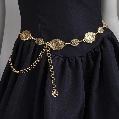 Retro Metal Chain Belt Women Embossed Vintage Bohemian Carved Waist Link Adjustable Dress Jewelry