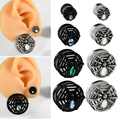 Plug Orecchio in Rame con Design a Ragnatela e Intarsio in Conchiglia Artificiale Piercing Corpo Gothic Punk