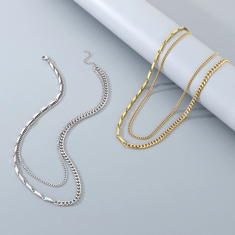 Stainless Steel Double Layered Necklace Cuban Chain And Bar Splicing Punk Hip Hop Personalized Jewelry For Men