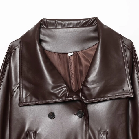 Dames Casual Kunstleer Kort Jasje Double-breasted Revers Windbreaker Met Riem Losse Pasvorm Effen Kleur Streetwear Biker Jas