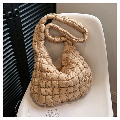 Women Quilted Puffer Cloud Bag Pleated Dumpling Shoulder Bag Soft Silk Handbag Large Capacity Korean Style Underarm Bag