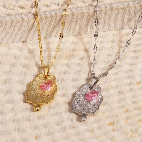 Hanger Ketting Koper Verguld Onregelmatige Wolkvorm Smeltende Textuur Roze Zirkonia Elegante Sleutelbeinketting Dames