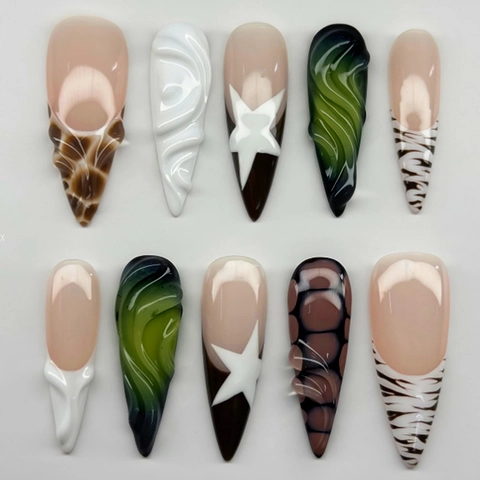 Lange Stiletto Drucknägel ABS Kunststoff 3D Strukturierte Zebra Leoparden Stern Designs DIY Mode Maniküre Für Damen