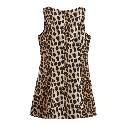 Damen Minikleid Ärmellos Mit Leopardenmuster Rundhalsausschnitt Schlanke Passform A-Linie Polyester Kurzes Kleid Mit Reißverschluss