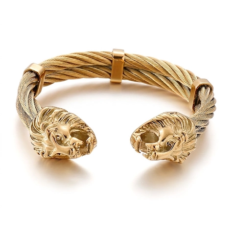 Punk Lion And Wolf Head Stainless Steel Cable Cuff Bracelet For Men Hip Hop Gothic Bangle