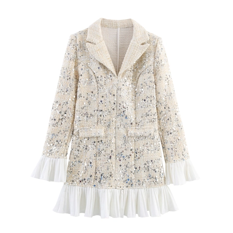 Pailletten Tweed Blazer Jurk Met Geplooide Chiffon Zoom Lange Mouwen Elegante Feest Mini Jurk