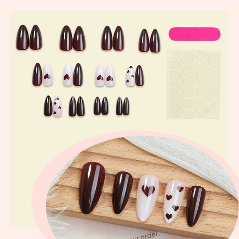 Uñas Postizas Press On Almendra Patrón Corazón ABS Brillante Degradado Marrón Blanco Decoración Manicura San Valentín