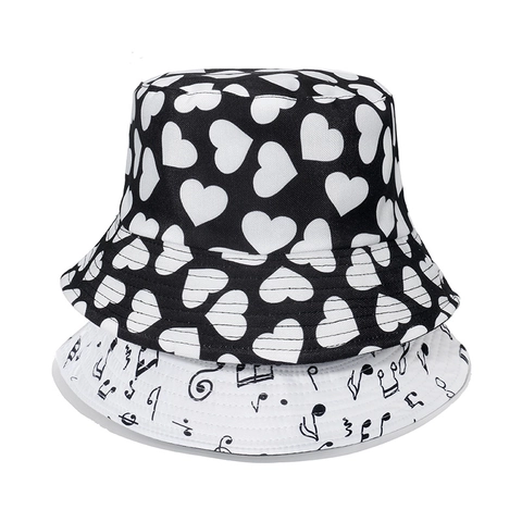 Polyester Bucket Hat Heart Music Note Cat Fruit Print Sun Protection Reversible Summer Fisherman Cap For Women