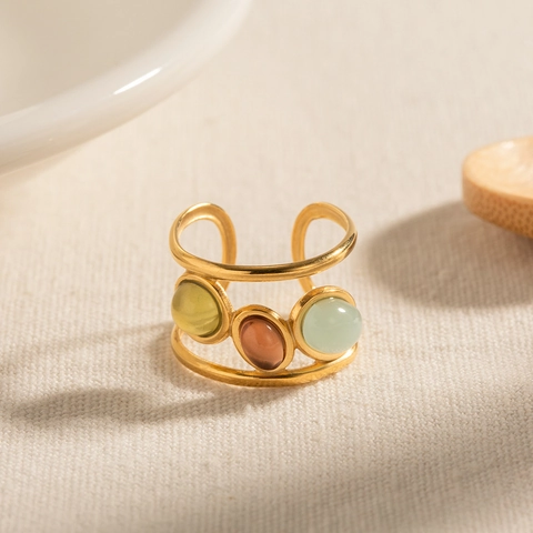 French Retro Multi Layer Stainless Steel 18K Gold Plated Open Ring Featuring Three Colorful Oval Gemstones For Women
