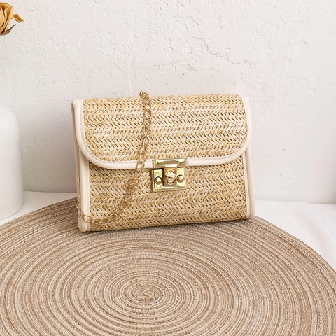 Sac Bandoulière En Paille Tissée Femmes Vintage Bordure En Similicuir Pu Chaîne Métallique Petit Sac Carré Été Plage Vacances